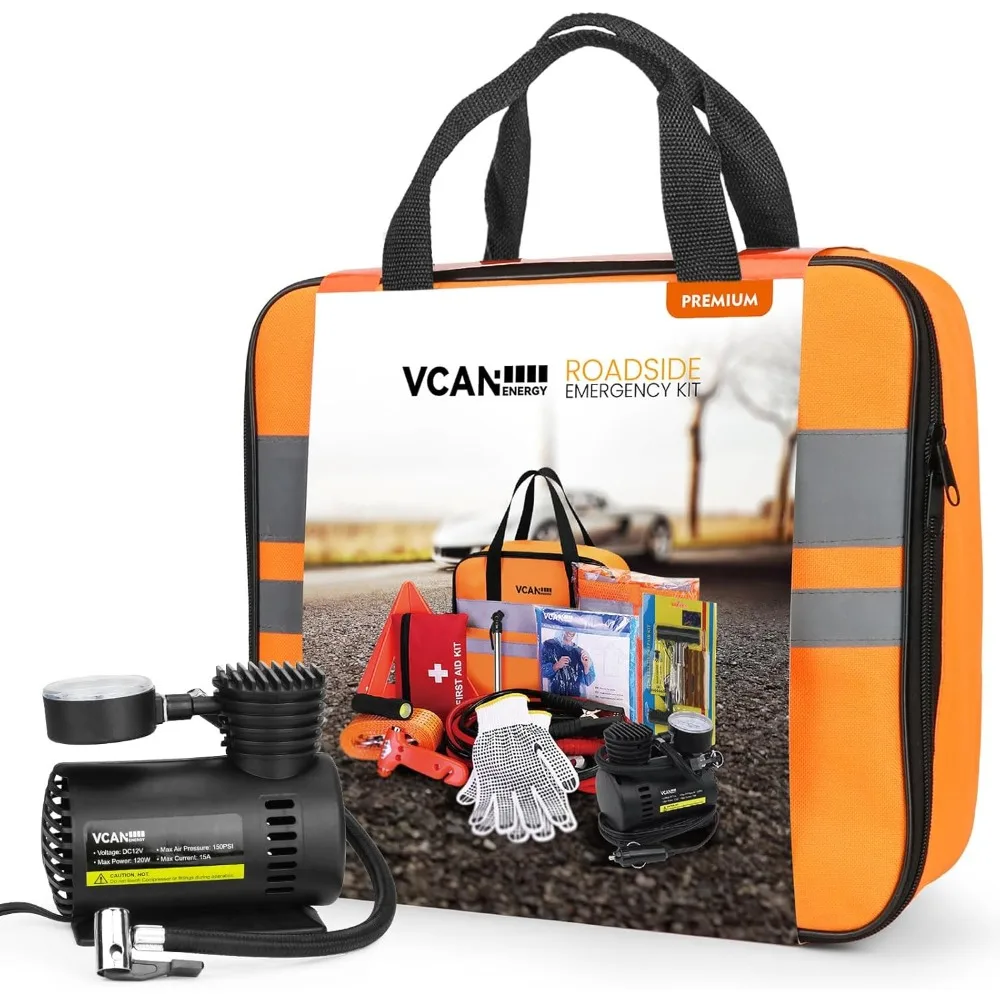 

Vehicle Emergency Kit: Air Compressor, Jumper Cables, First Aid, Tire Gauge, Auto Safety Essentials
