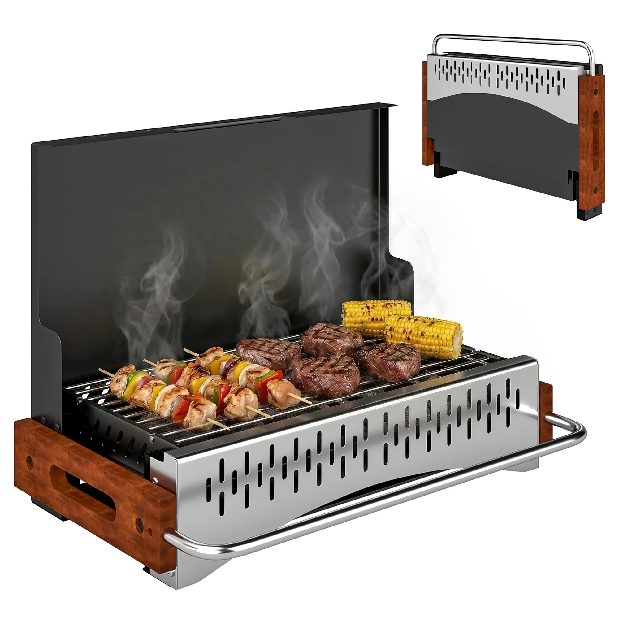 Barbecue a carbone pieghevole, portatile, dimensioni 50,5 x 34 x 33 cm, con vassoio per carbone rimovibile, ideale per campeggio e picnic, colore nero.