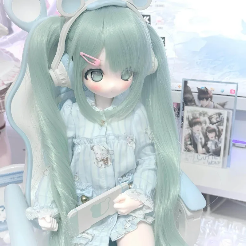BJD Doll Wig Lake Green Straight Long Hair With Bangs Blank Wig Cap Re-stylable 1/3 1/4 1/6 Ball Jointed Doll Not Include Dolls