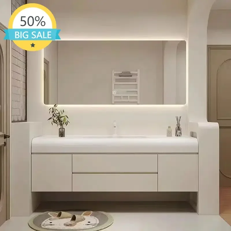 Light Luxury Bathroom Cabinet Simple White Rock Integrated Washbasin Nordic Home Bathroom Vanity Sink Cabinet Bathroom Furniture