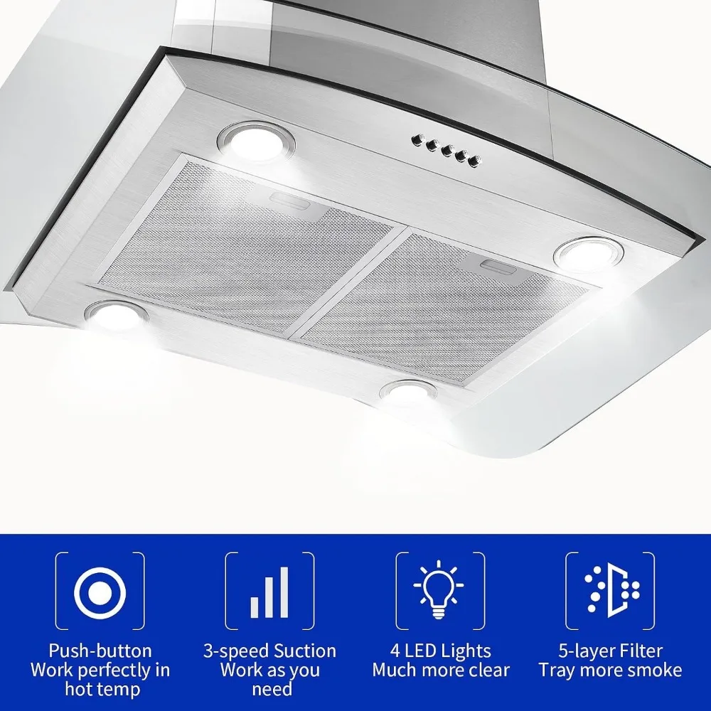 30 inch Island Range Hood Stainless Steel 700 CFM Push Button Control Kitchen Exhaust Ventilation Fan