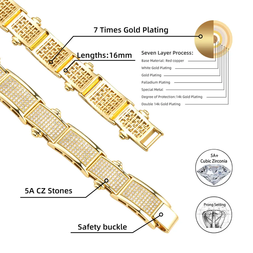 Hip Hop Zircon Wide Watch Chain Bracelet  Men's Thick 16MM  Male For Women  Punk Trendy  Fashion Charms  Ladies Jewelry Gift