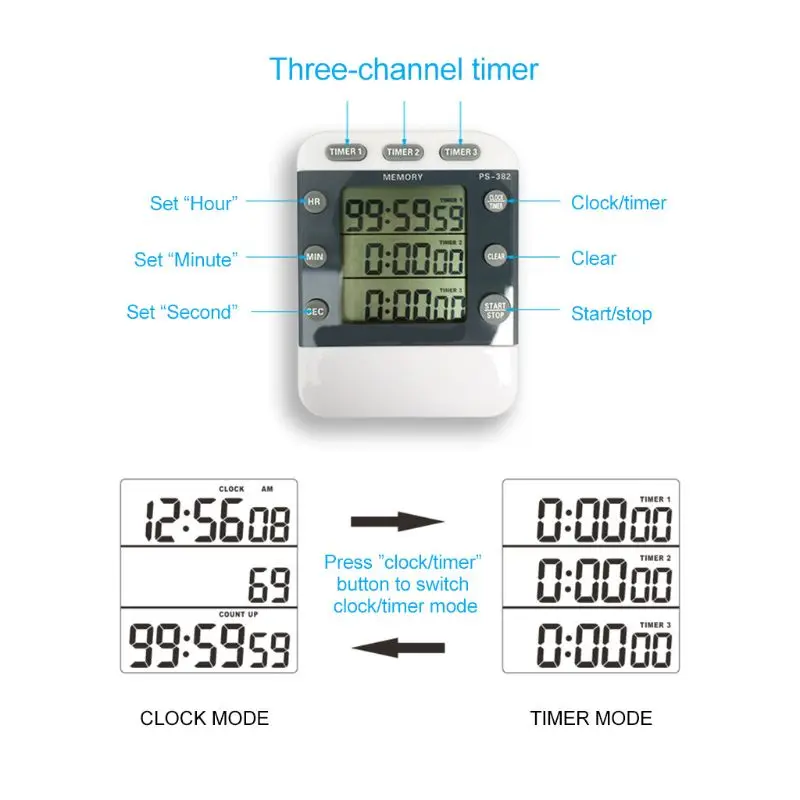 99 Hours 12/24 hour Memory Timer Countdown Reminder 3 Channel Sports Kitchen Timer Count down Timer 3 Groups Timer