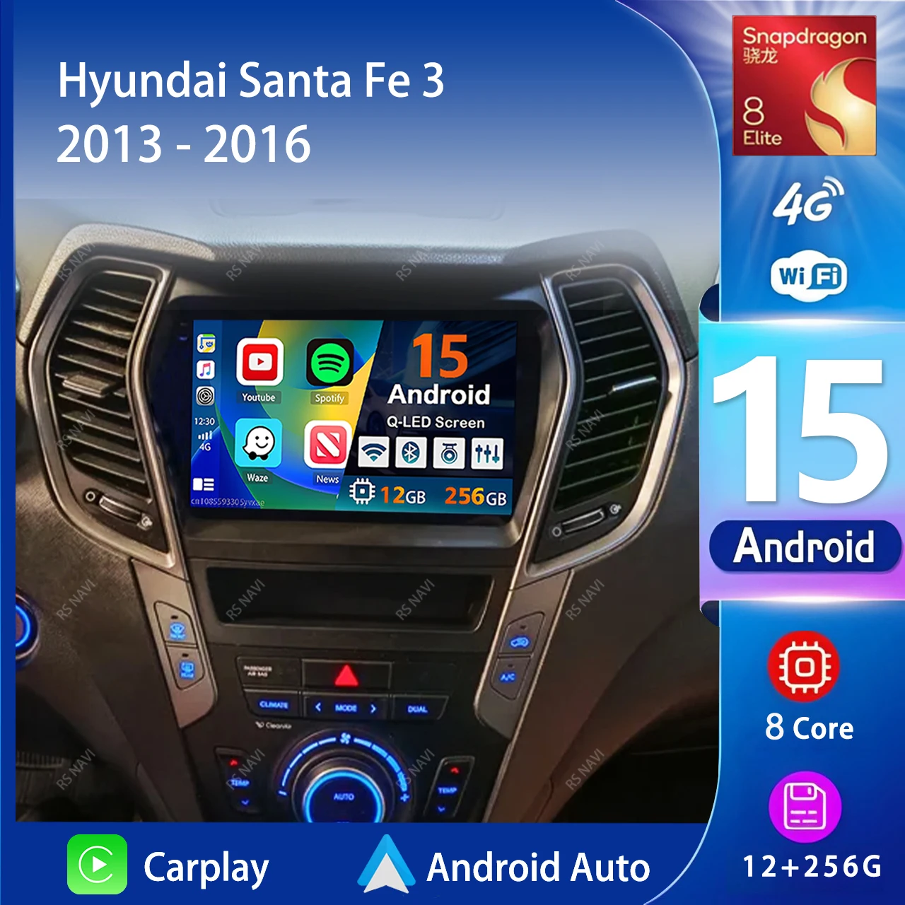 Android 15 Carplay Auto 2K Screen Car Radio Multimedia Player For Hyundai Santa Fe 3 2013 - 2016 Autoradio GPS Stereo Head Unit