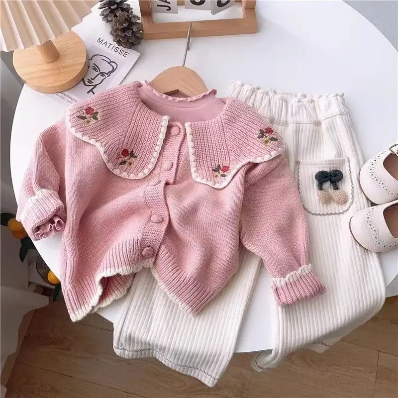 Baby Girls Sweater Fashion Petals Collar Knitted Cardigan Knitwear Children Embroidery Coat Princess Girls Autumn Winter Sweater