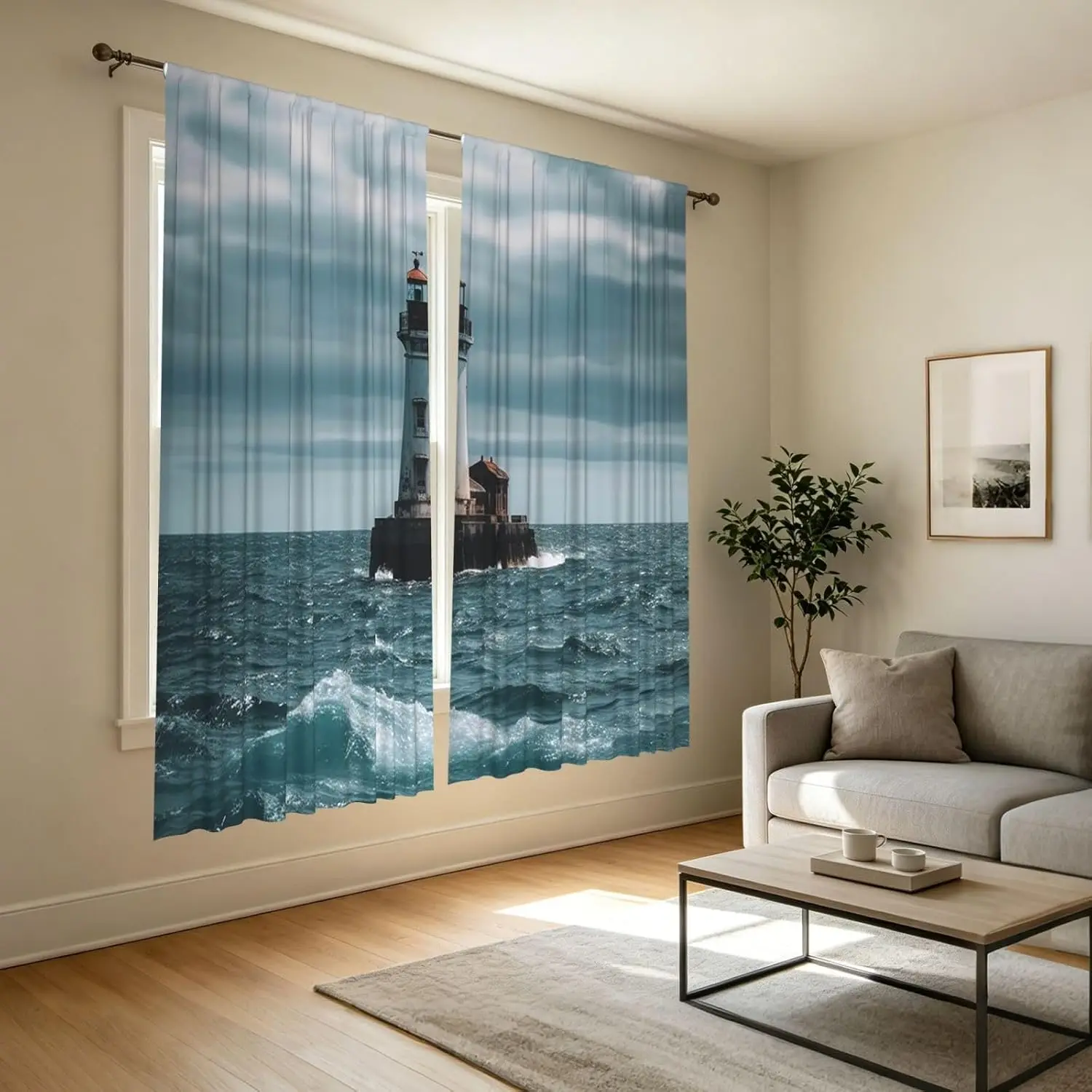 Nautical Coastal Lighthouse Curtain Drapes Window Treatment Ocean View Moody Sea Decor Photography Home Accent Curtain Panel Fil