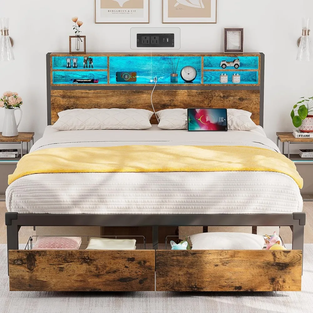 

Full Size Bed Frame with Storage Headboard and Drawers, RGB Led Lights, Charging Station, Metal Platform Bed Frame