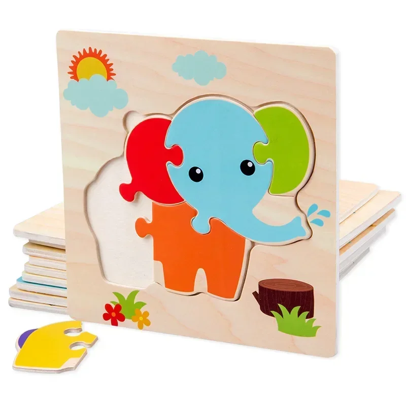 Puzzles 3D en bois pour bébé, Tangram fait saillie, jouets de puzzle d'intelligence animale de dessin animé, cadeau d'apprentissage pour enfants, mignon