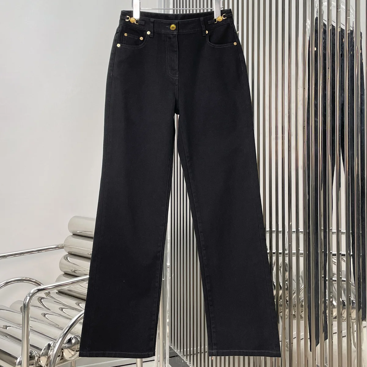 High Quality Women Solid Color Straight Wide Leg Pants Classic Five Pockets Button Zipper  Commute Casual Trousers lyt132519