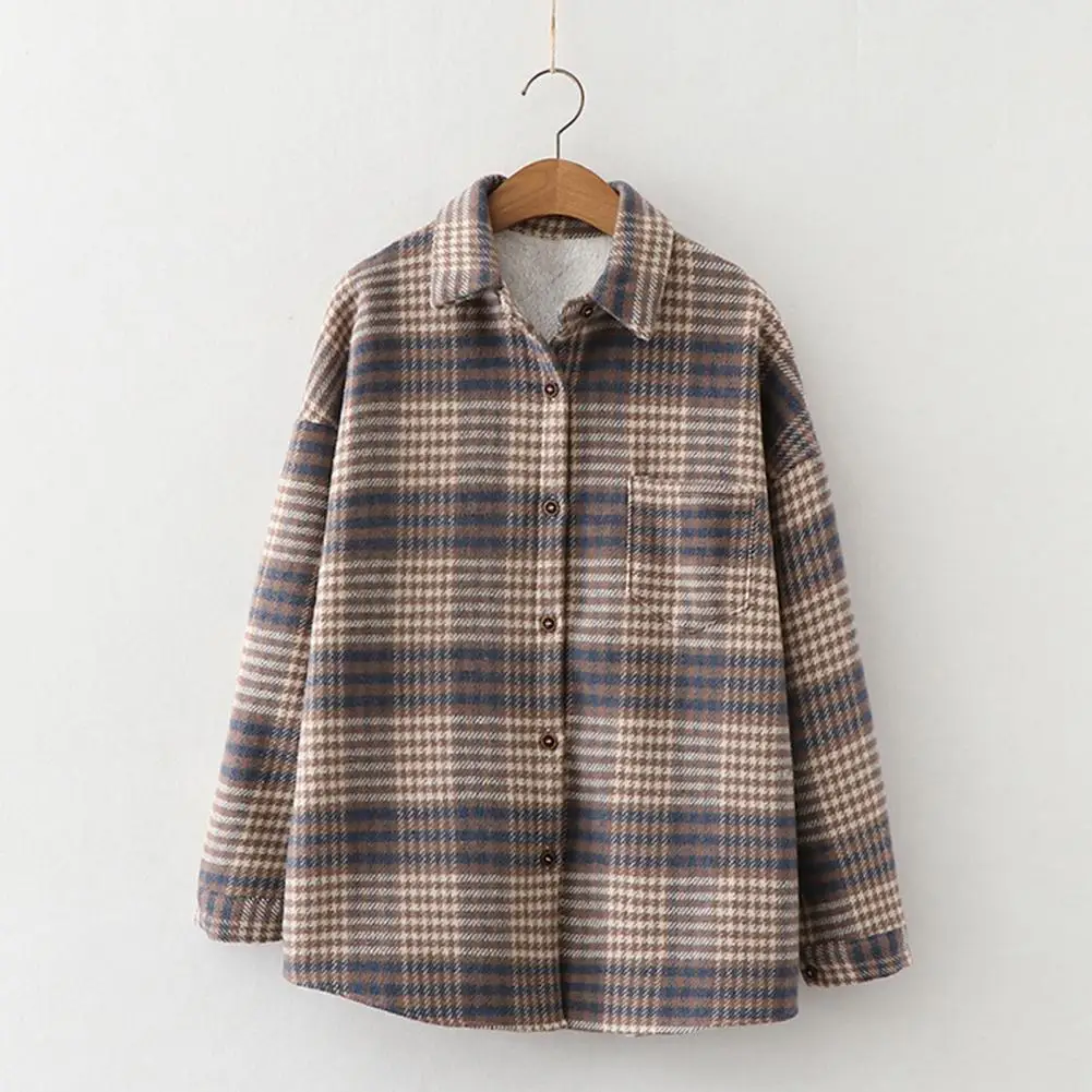 Windproof  Beautiful Women Winter Warm Blouse Woolen Plaid Shirt Jacket Soft Woolen Shirt Patch Pocket   Outerwear