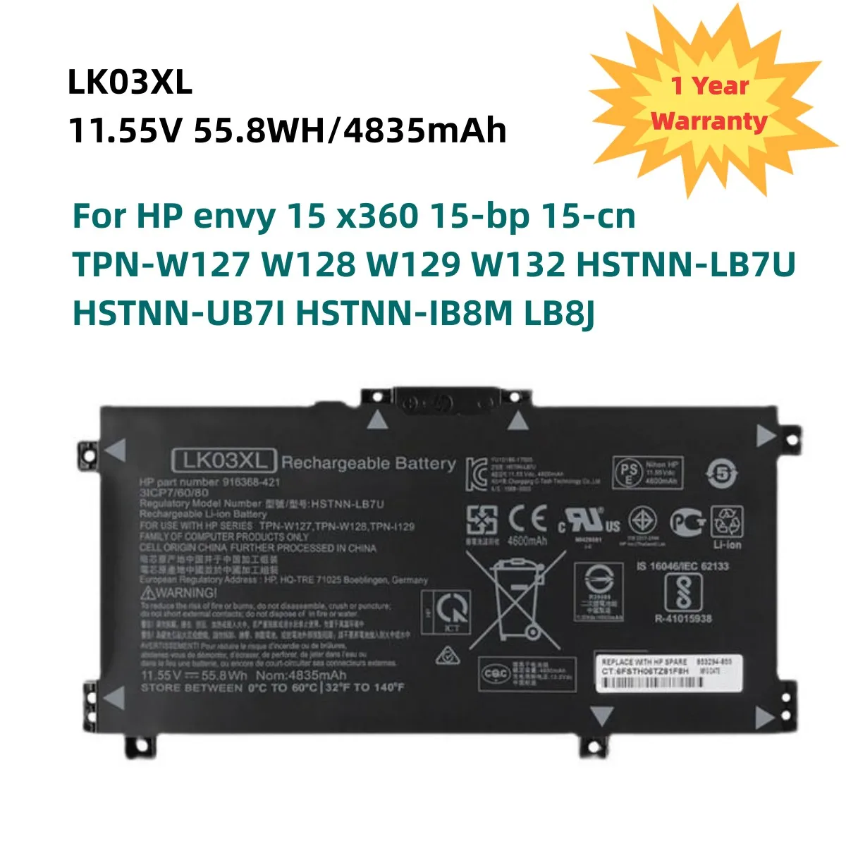 LK03XL Laptop Battery For HP envy 15 x360 15-bp 15-cn TPN-W127 W128 W129 W132 HSTNN-LB7U HSTNN-UB7I HSTNN-IB8M LB8J 55.8WH