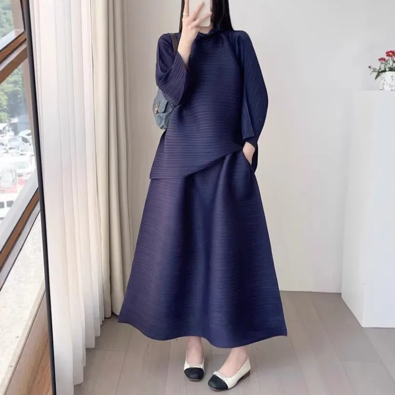 

Miyake Pleated Top 2026 New Long Sleeve Loose High Neck T-Shirt Plus Size A-Line Mid-Length Skirt 2-Piece Set Women's Clothing