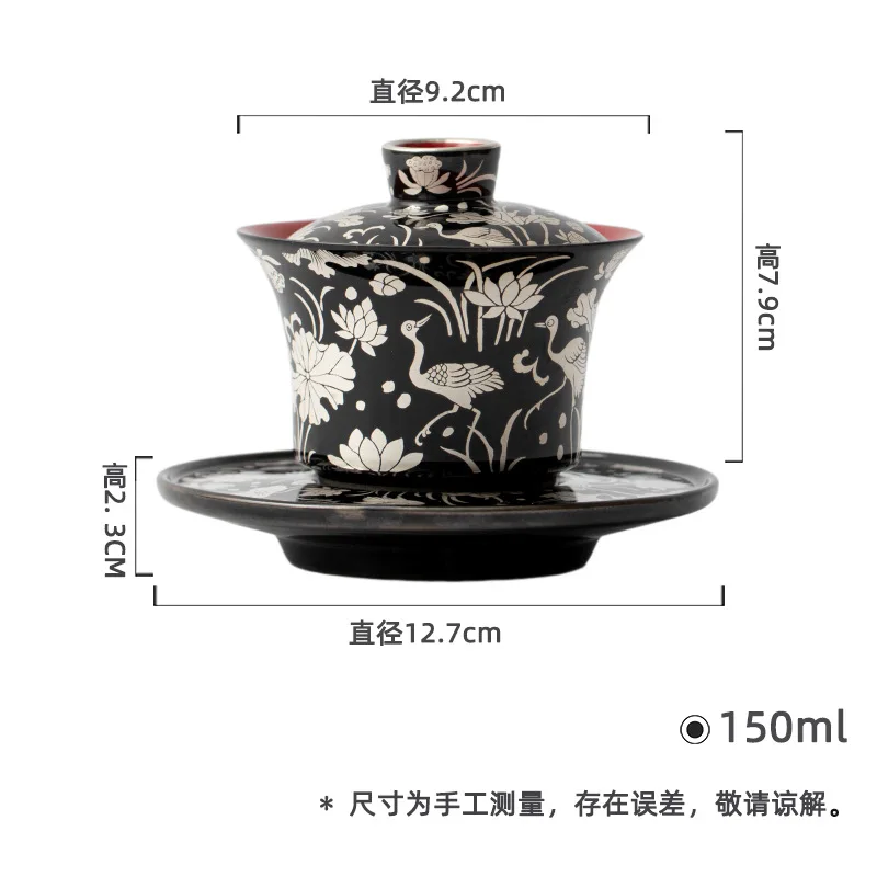 Juego de té de Kung Fu cubierto de tres talentos de cerámica con diseño plateado esmaltado negro, tazón grande para servir en el hogar, nacimiento de loto de un herón