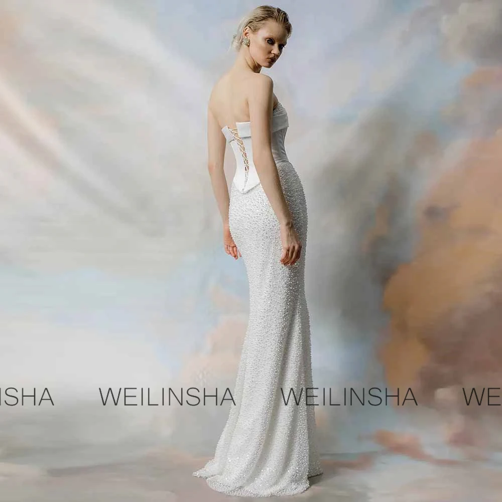 Customized Luxury Hall Wedding Dresses Satin Sheath/Column Wedding Party Dresses White Strapless Pearls Lace-up Wedding Dresses