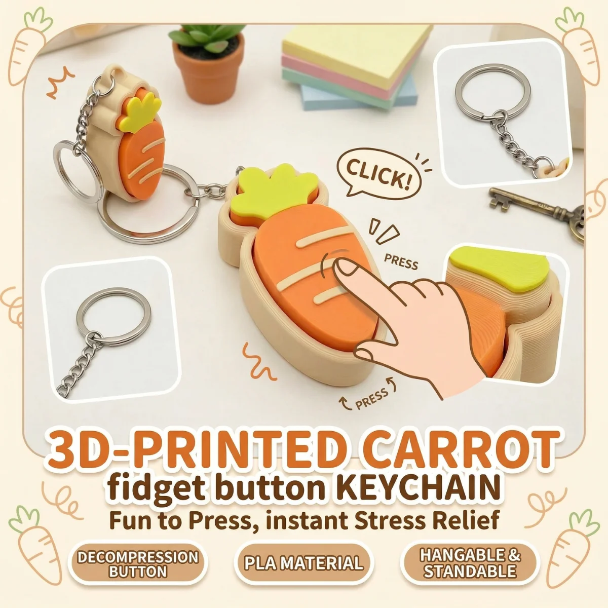Carrot Shaped Clicker Fidget Keychain, Stress Relief ASMR Sensory Toy 5.5cm 3D Printed PLA