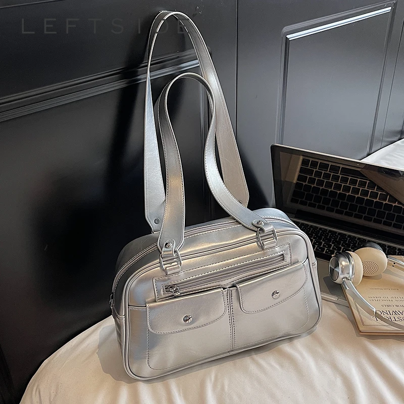 

LEFTSIDE Small Silver Underarm Bags for Women 2025 Ladies Double Pockets Shoulder Bag Females PU Leather Handbags Crossbody Bag