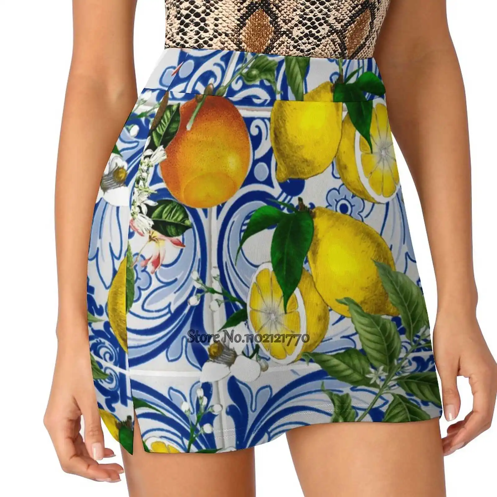 Mediterranean Lemon On Blue Ceramic Tiles Women Tennis Skirts Golf Badminton Pantskirt Sports Phone Pocket Skort Blue Yellow