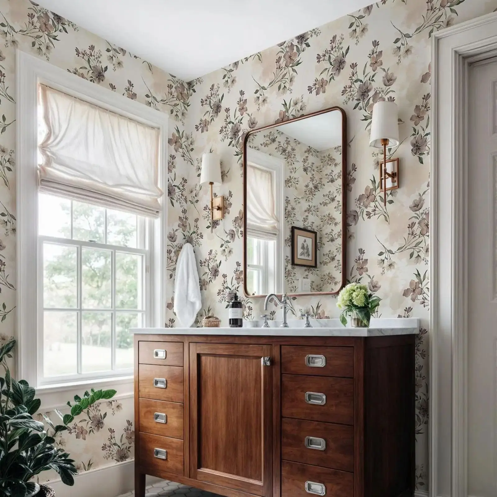 Watercolor Floral Wallpaper, Neutral French Country Farmhouse Wallpaper Peel and Stick ,Vintage Classic Floral Wall Paper Roll