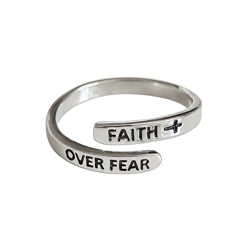 Religious Silver Color Cross Faith Over Fear Ring Adjustable Wrap Rings For Women Jewelry Gifts