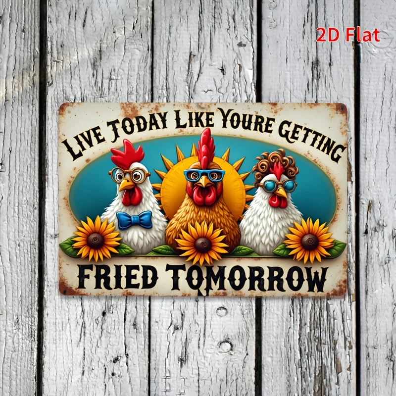 Vintage Farmhouse Rooster Metal Sign Live Like You'll Be Fried Tomorrow Funny Kitchen Wall Decor Cafe Bar Rustic Gift