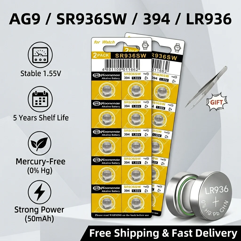 2-10 unidades de batería de botón AG9 1,55 V 50 mAh LR936 394 SR936SW LR45, baterías tipo moneda para relojes y juguetes