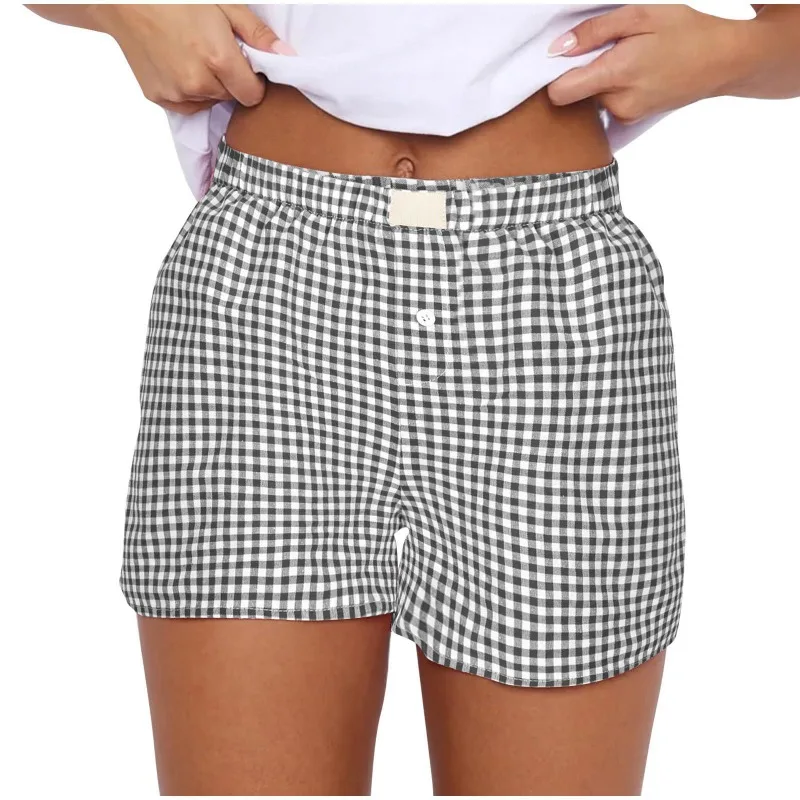

Women High Waist Plaid Elastic Waist Loose Casual Wide Leg Shorts