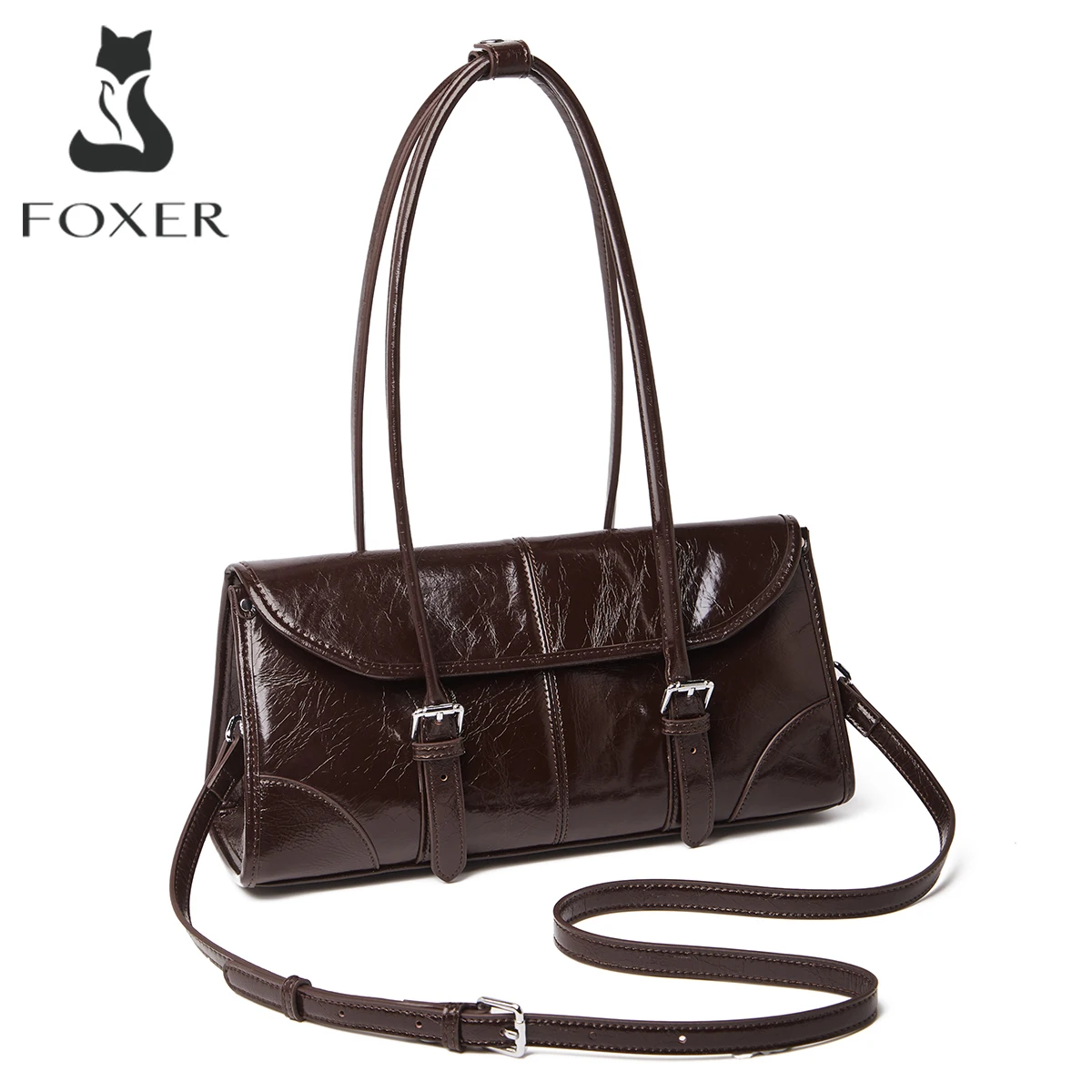 FOXER Women's Genuine Leather Retro Flap Baguette Bag 3-in-1 Set Buckle Strap Zipper Shoulder Crossbody Handbag Detachable Strap