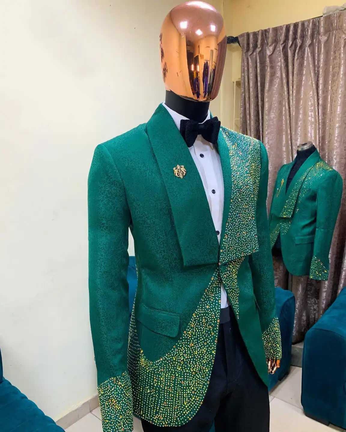 Luxurious Jacquard Men Suits One Button Shawl Lapel Jacket Blazer Beadeds Plus Size Dinner Party Custom Made Outfits