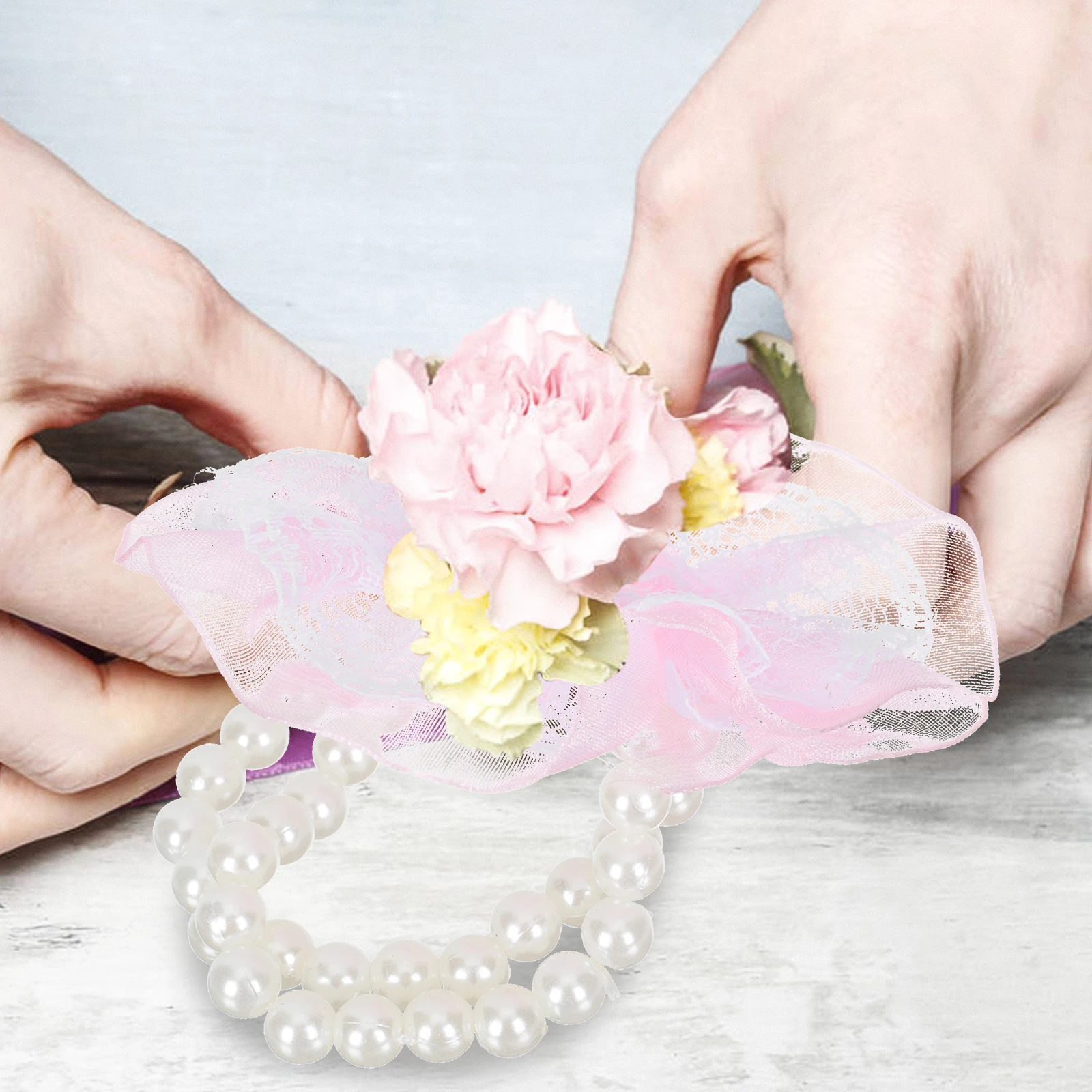 

10 Pcs Decorate Pearl Hand Flower Bridesmaid Wrist Bands Lace Ornament Artificial