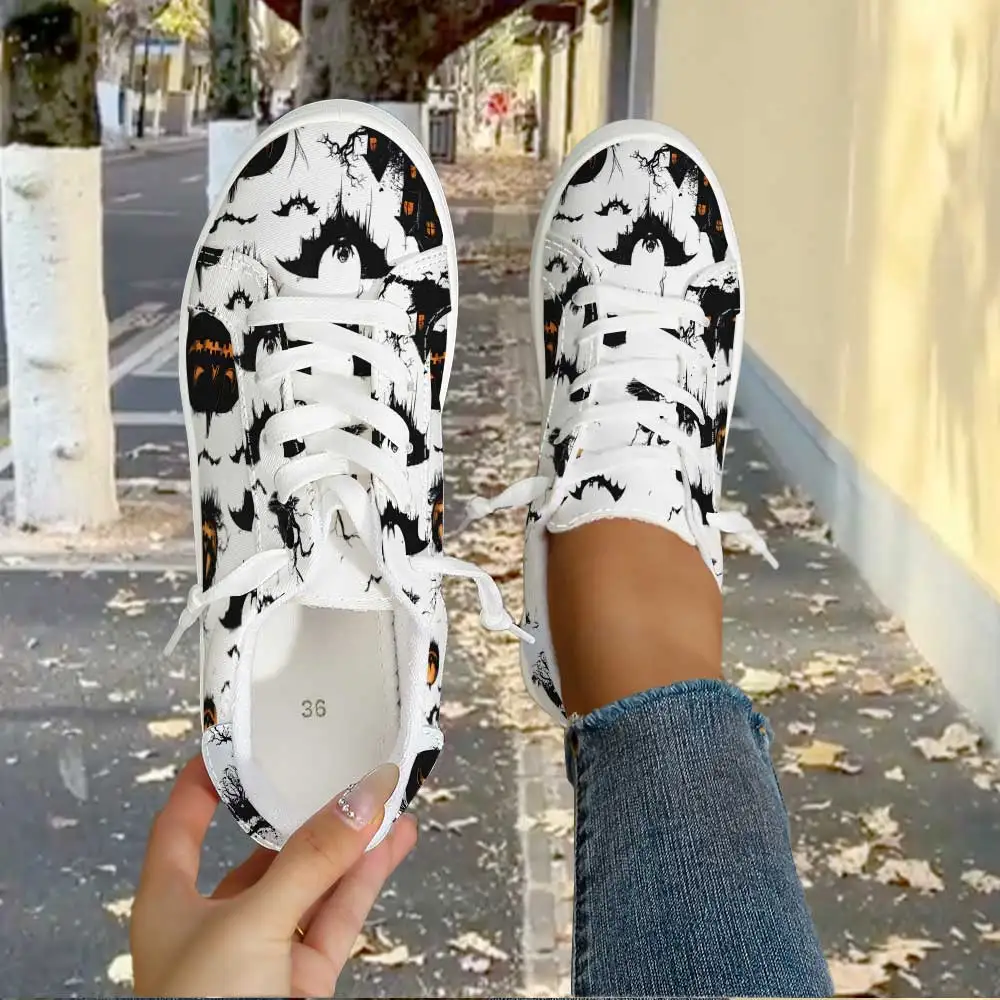 Halloween Jack‑O‑Lantern & Bat Graphic Women Low‑Top Canvas Shoes, Lace‑Up Casual Sneakers, Scary Spooky Theme Daily Footwear