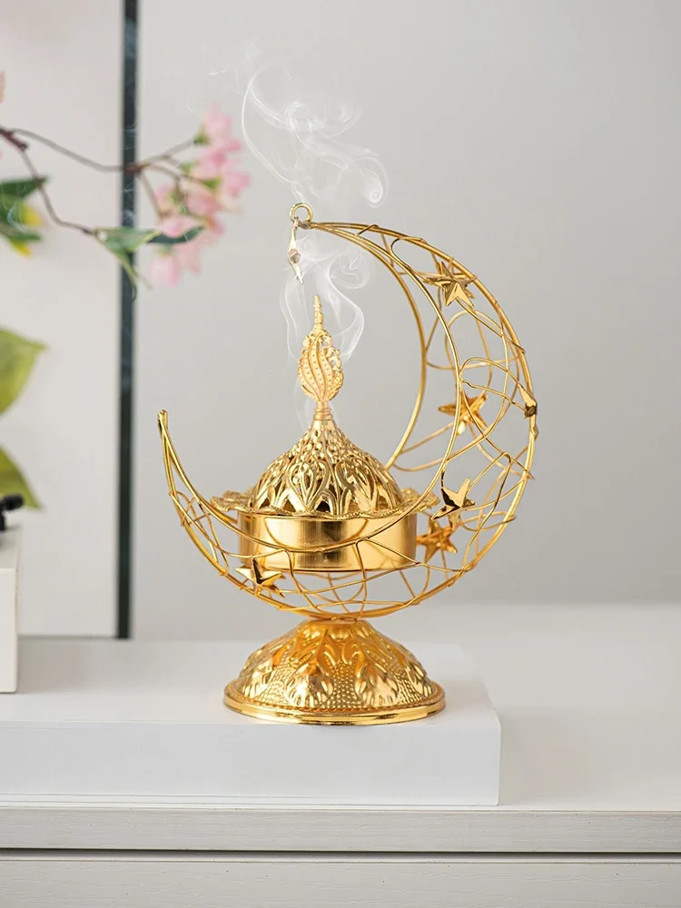 Handheld Crescent Metal Incense Burner Black Gold Living Room Desktop Aromatherapy Burner Middle Eastern Ornament