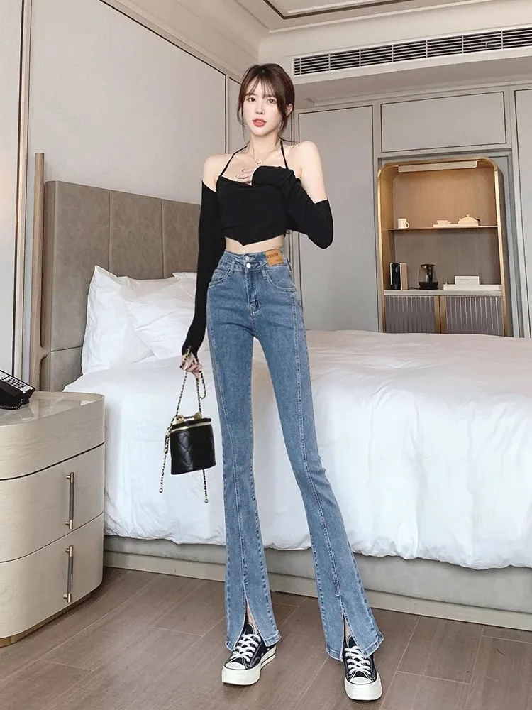 High Waist Slim Fit Micro Flared Jeans Women's Spring Autumn New Style Small Size Split Bell Bottoms Cotton Stretch Denim