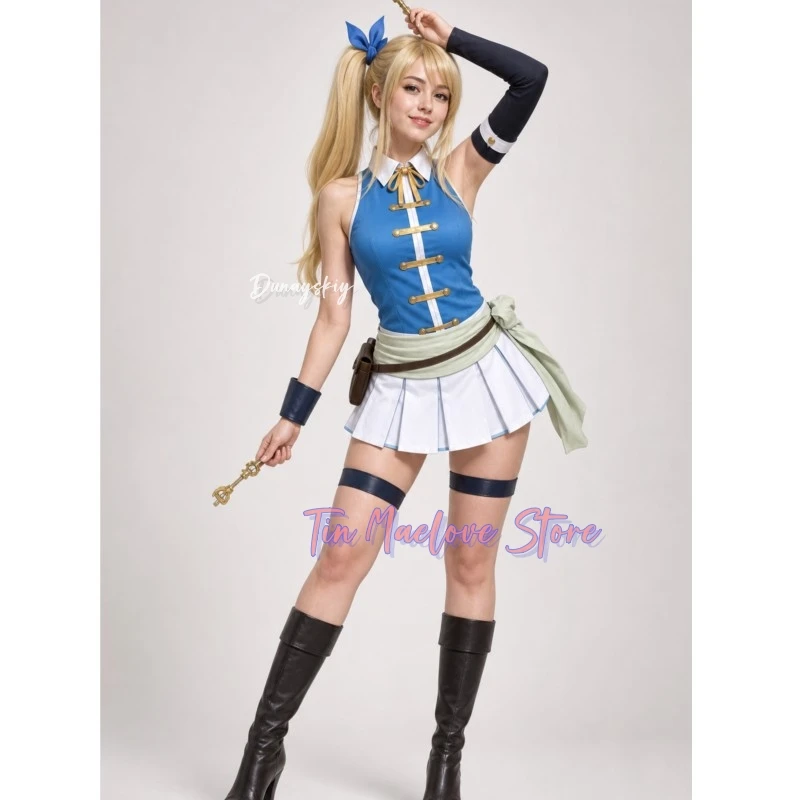 Vestido Mini Blanco sin Mangas Lucy Fashion con Cinturón Lateral y Cola de Caballo, Cosplay Anime FAIRY TAIL Temporada 3, Pendientes de Corazón con Tatuaje, Halloween