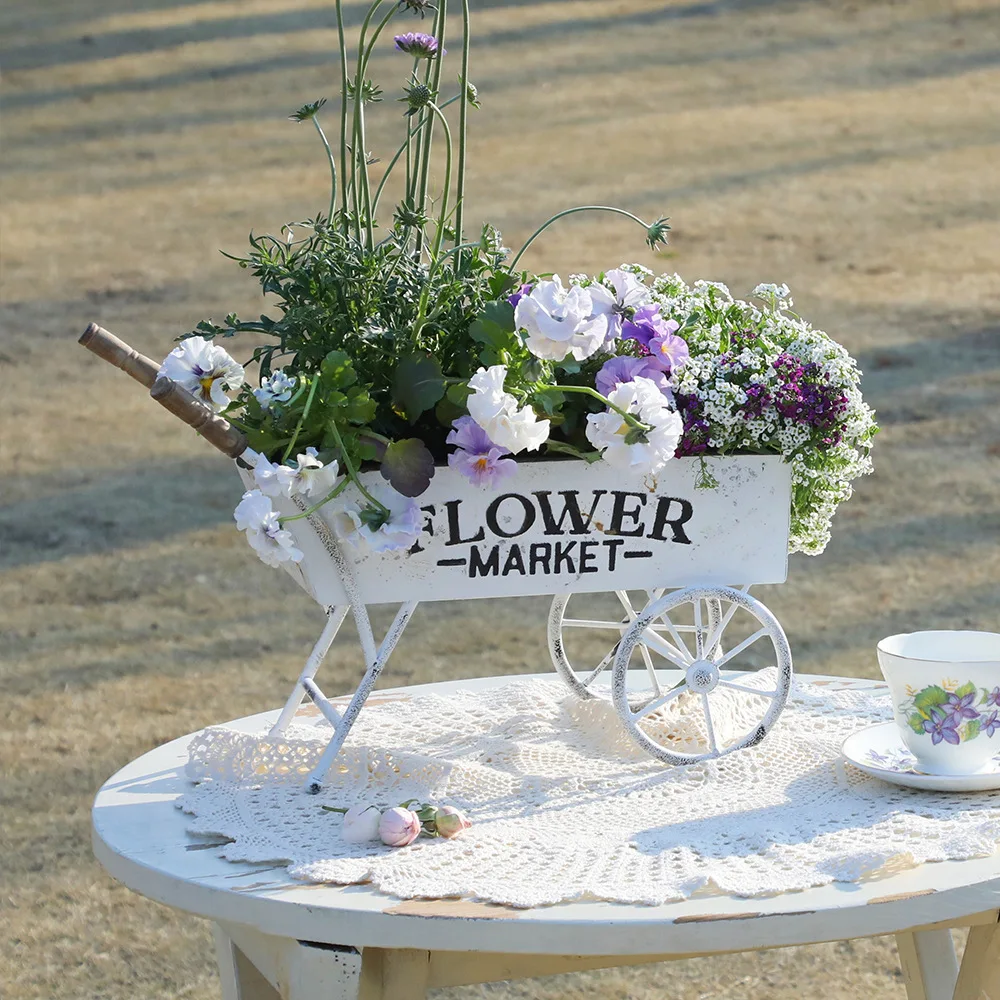 Wrought iron design trolley flower pot gardening storage garden outdoor retro flower ornament wholesale multi-functional storage