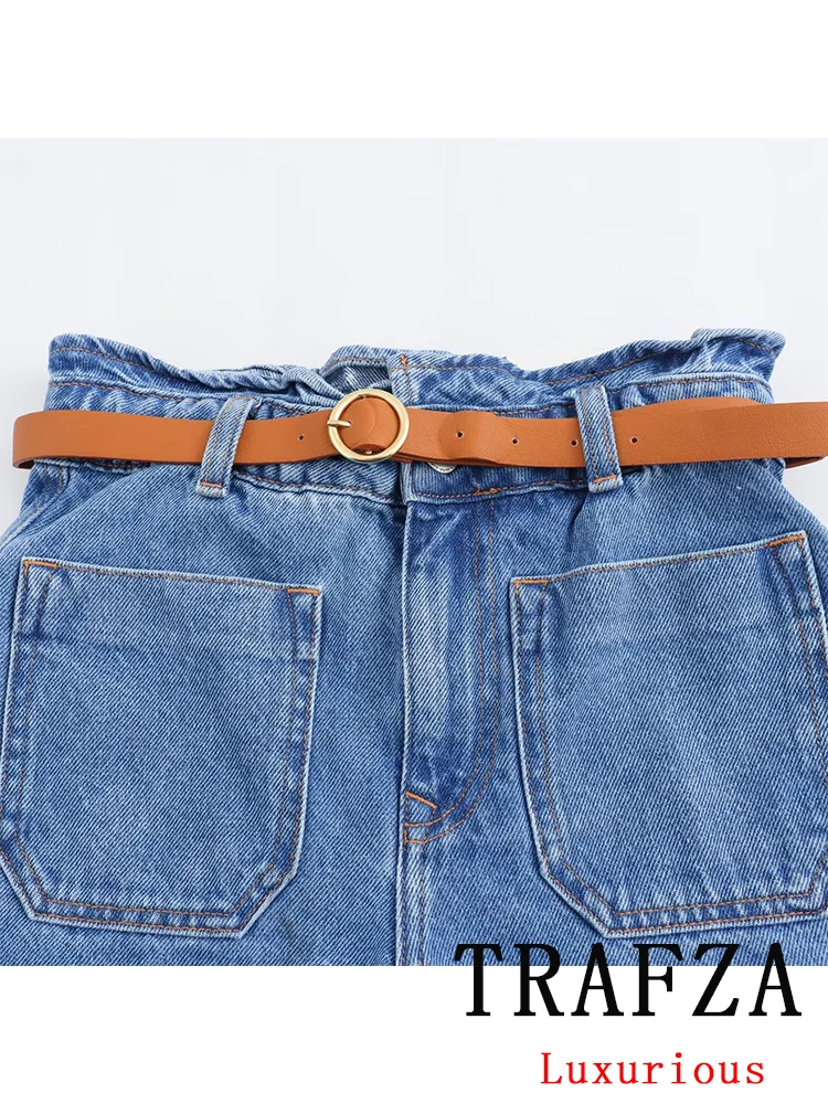 TRAFZA Vintage Chic Denim Women Shorts Belt Solid Pockets Zipper Short Pants New Fashion 2024 Summer Elegant Female Shorts