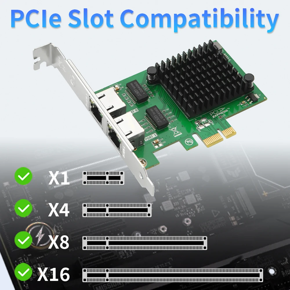 Intel I350-T2 Chip 2 Ports PCIe X1 Gigabit Ethernet Network Card Dual RJ45 Server Internal NIC 10/100/1000Mbps for Desktop PC