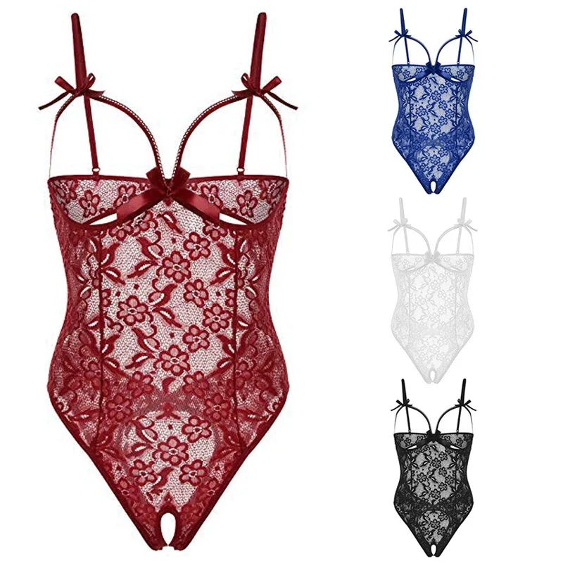 Lencería sexy: Mono de encaje con patrón oscuro, conjunto de lencería de una pieza abierta, body de tirantes finos para mujer, pijama de una pieza sin espalda