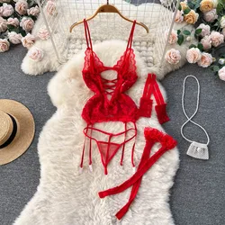 Women Transparent Floral Lace Bra Brief Suit Fashion Tight Erotic Underwear 3 Piece Sexy Intimate Lingerie Stocking Set