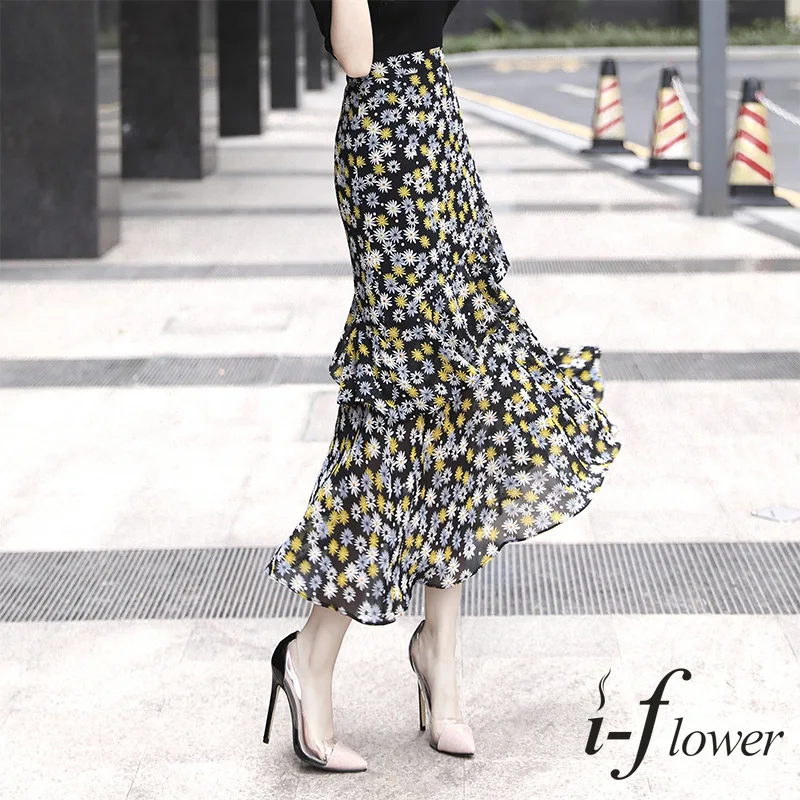 

Women's Daisy Printing Long Chiffon Skirt, Ruffles Skirt, High Waist, A-Line, Elastic, Elegant Fashion, Office Lady