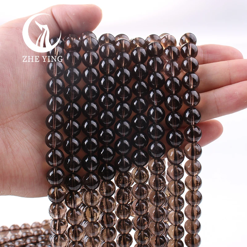 Zhe Ying New Natural Smoky Quartz Crystal Round Smooth Loose Gemstone Beads For Jewelry Making DIY Bracelets Necklace Handmade