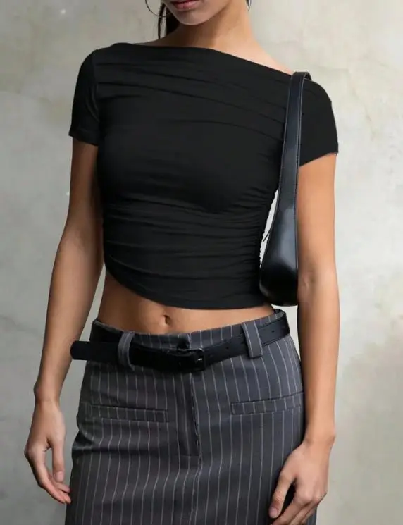 

Slim Fit Women's T-Shirt Summer Solid Color Fashion Temperament Slanted Neck Pleated Waist Exposed Asymmetrical T-Shirt