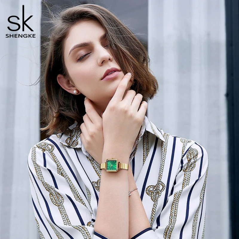 Luxury Gold Green Watch For Women Shengke 2022 New Women Watch Bracelet Adjustable Band Montre Femme Quartz Relogio Feminino