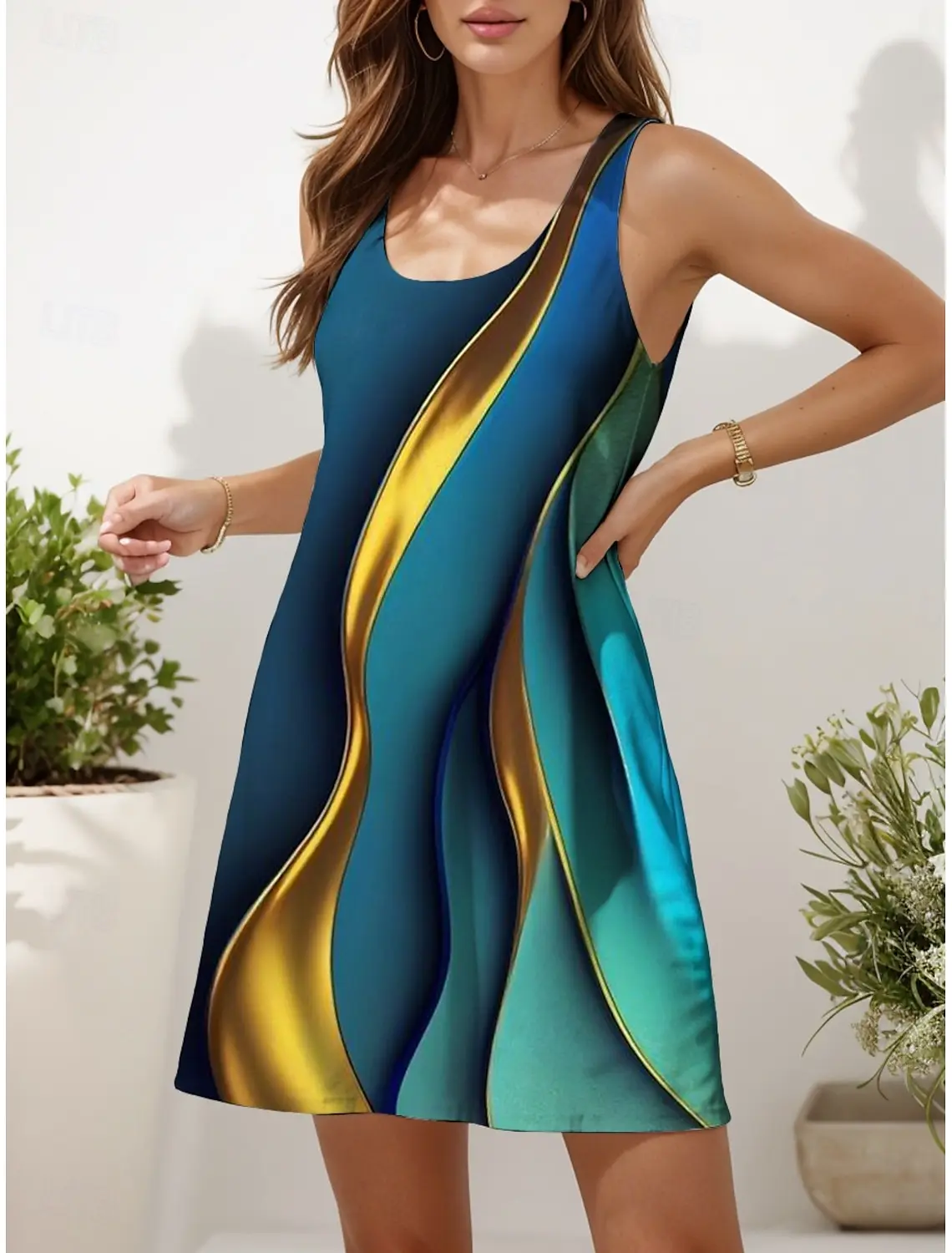 Minimally Designed U-Neck Women's Dress Loose Daily Casual Sleeveless Long Dress 3D Printed Pattern Dress