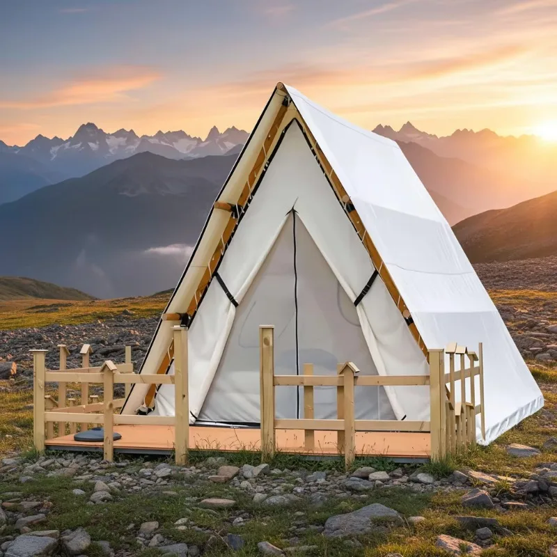 Triangle Outdoor Camping A-Shape Luxury  Canvas Safari Tents Hotel Resort Glamping Wooden Triangle Small Prefab House Custom