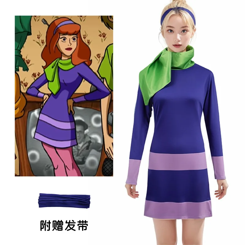 Anime Daphne Cosplay Costume Adult Women Halloween Costume Dresses Cosplay Outfits Long Sleeve Bodycon Purple Dress with Scarf