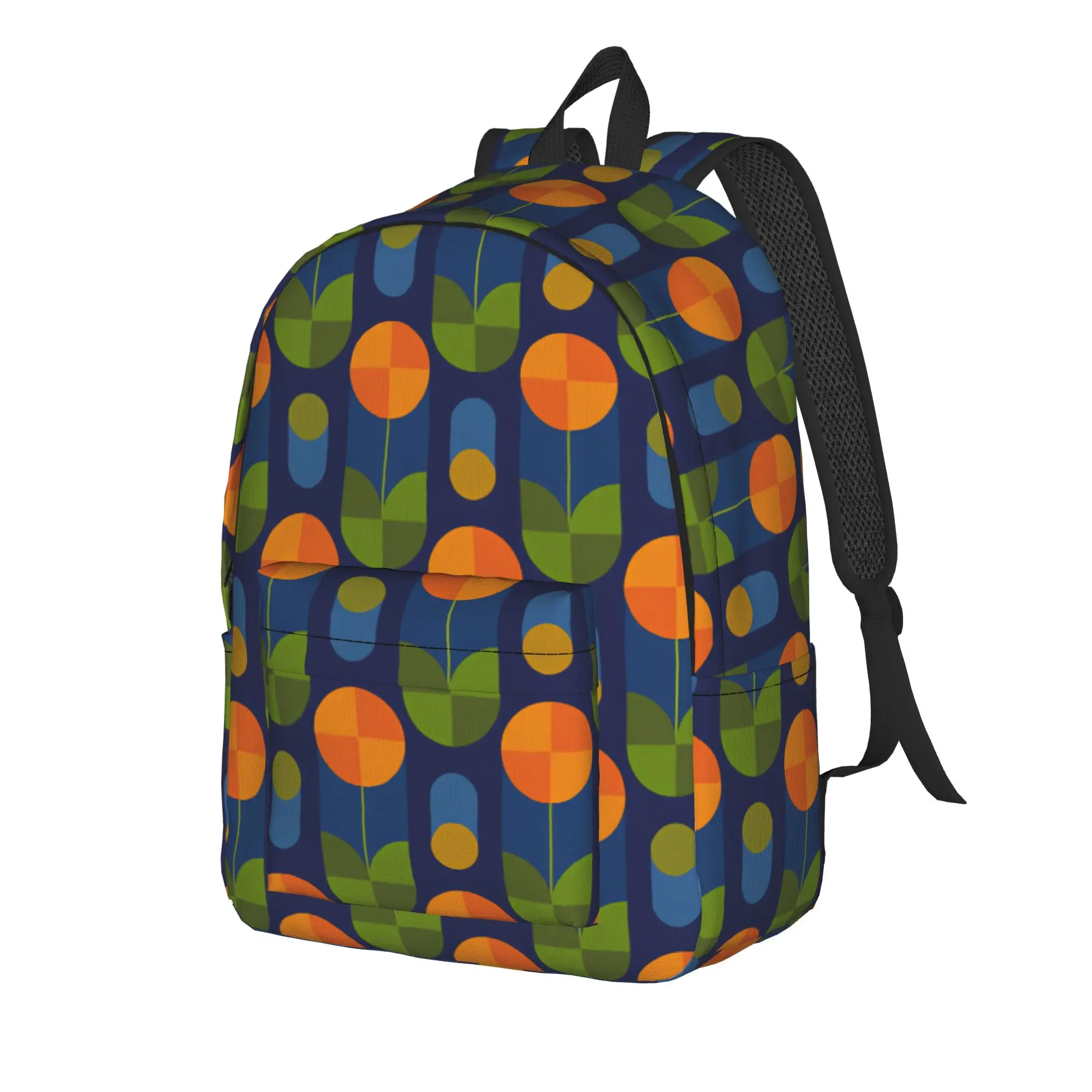 Vintage Mid Century Round Floral Dark Blue Background Tile Pattern Backpack Unisex  Big Backpacks Polyester Cool School Bags