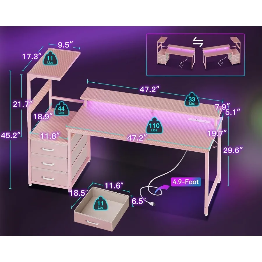 مكتب ألعاب قابل للعكس مقاس 59 بوصة مع منافذ شحن USB وإضاءة LED للمكتب المنزلي الحديث أو غرفة الترفيه تتضمن S