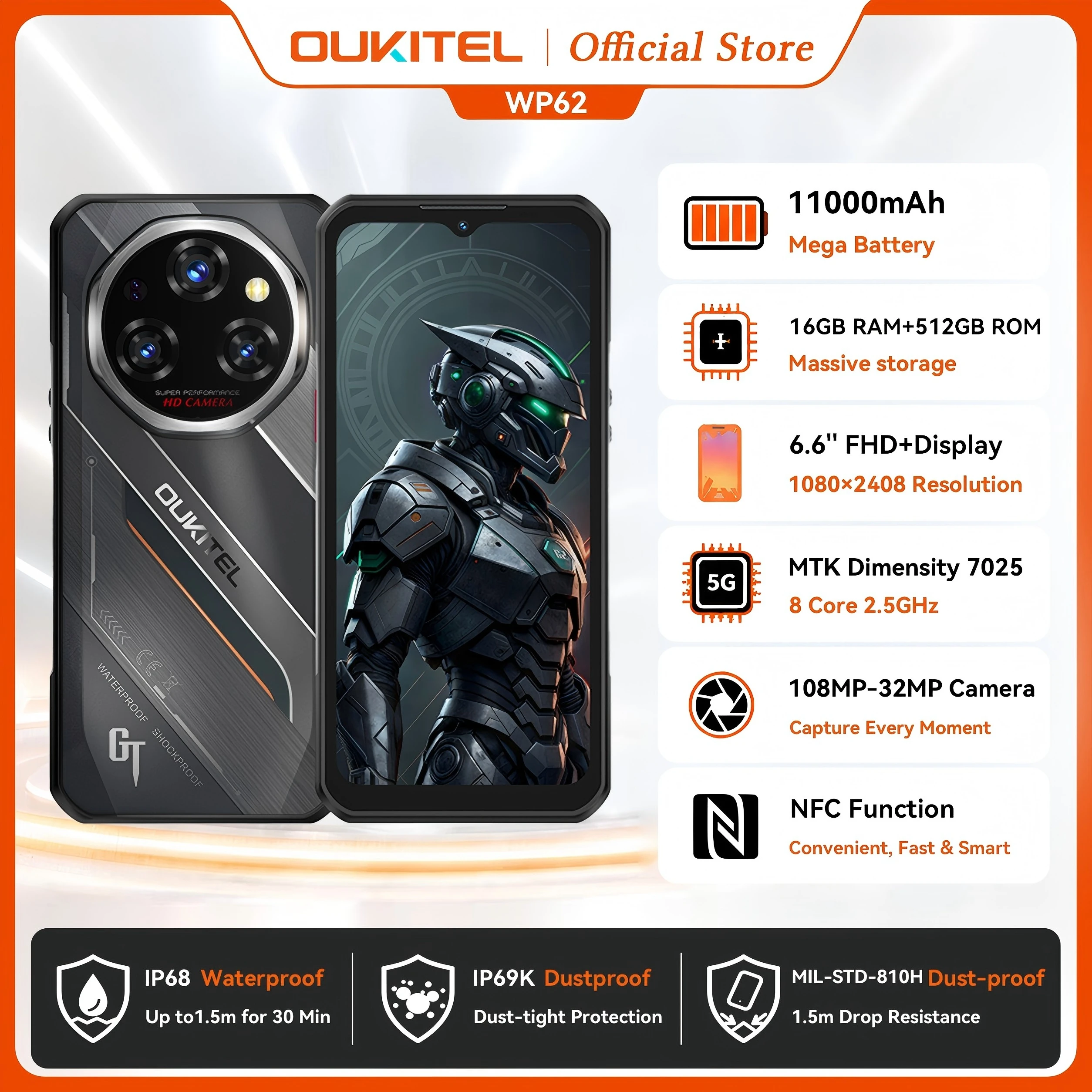 Oukitel WP62 5Gタフネススマホ 48GB(16+32) +512GB、6.6インチFHD+