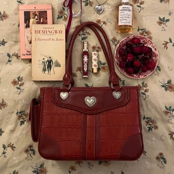 HAEX Vintage Handbags Women 2024 Fashion 2024 Heart Red Underarm Shoulder Bags Female Ladies Elegant Street Bag Bolso Mujer
