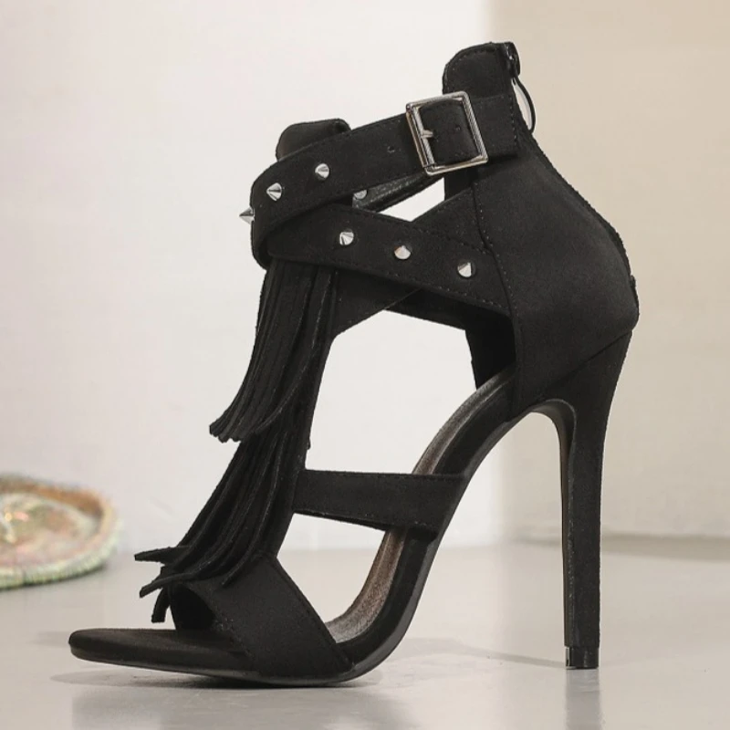 

Aneikeh Summer Fashion Peep Toe Round Toed Tasse Rivet Buckle Decorative Zipper Woman Sandals Boots Stiletto High Heels Shoes